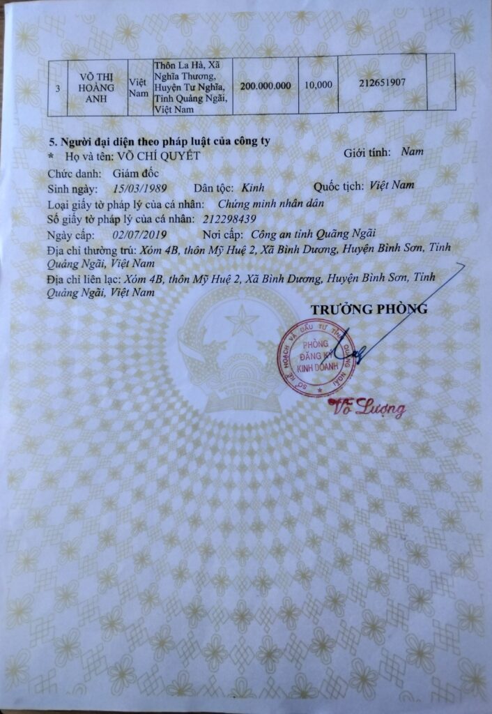 Giấy đăng ký kinh doanh mặt sau