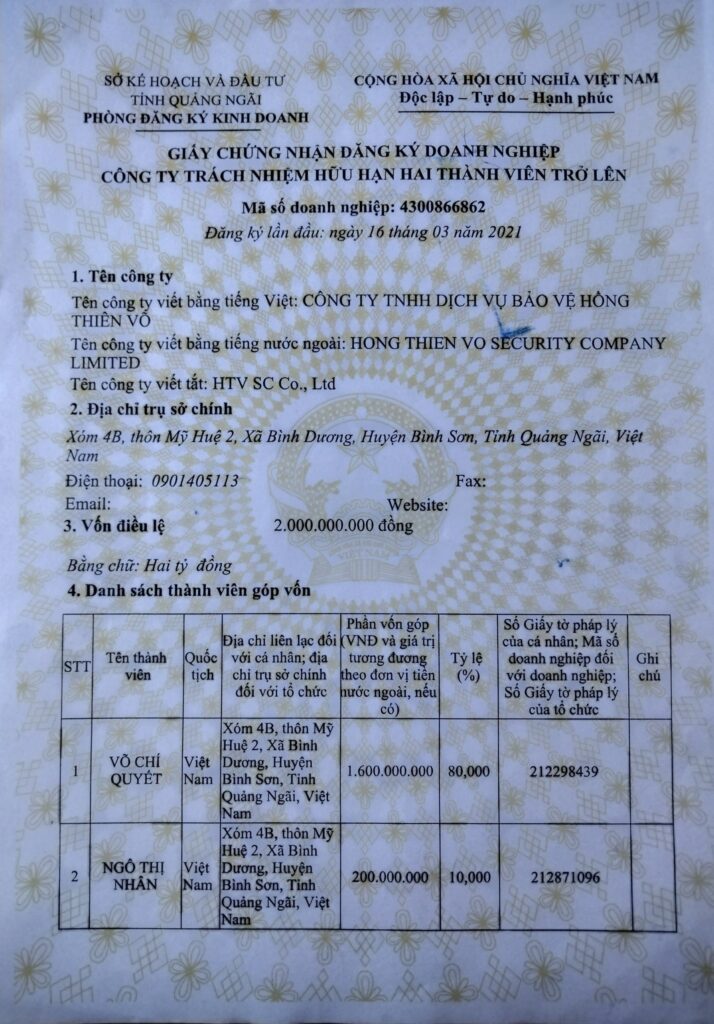 Giấy đăng ký kinh doanh mặt trước