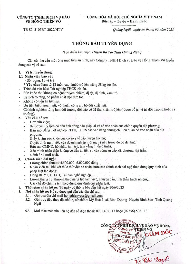 Thông báo tuyển dụng Ba Tơ