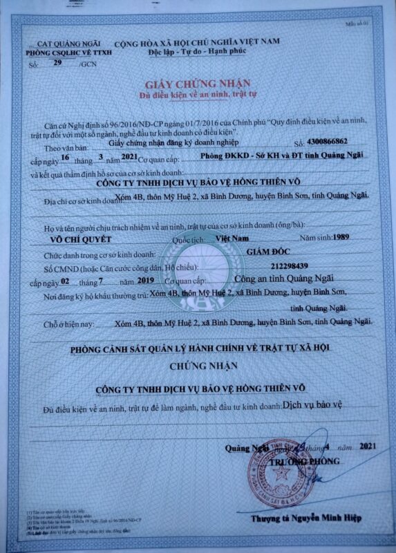 Giấy chứng nhận an ninh trật tự Công ty bảo vệ Hồng Thiên Võ